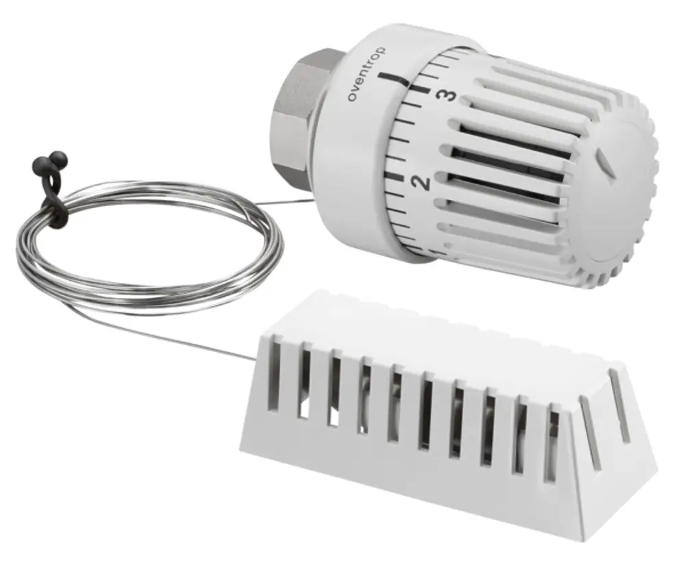 Oventrop-Thermostat mit Drehknopf für Temperaturregelung, Fernfühler und Befestigungsdraht, in Weiß, geeignet für Heizsysteme.